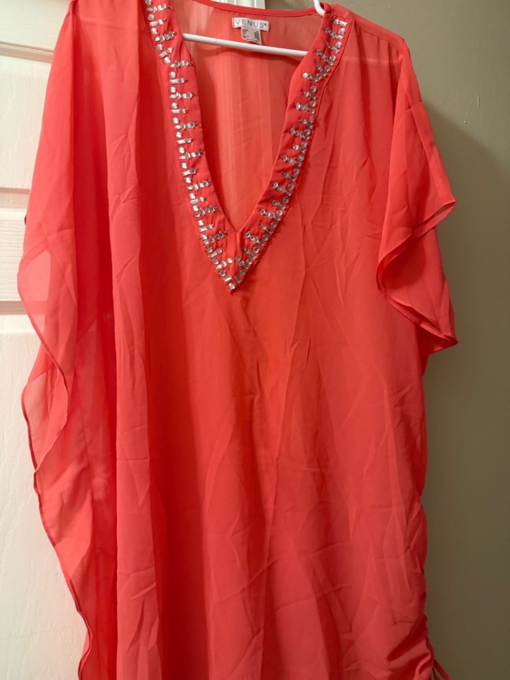 VENUS Coral V-Neck Jeweled Caftan